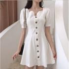 Puff Sleeve Buttoned A-line Dress