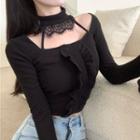 Long-sleeve Choker Lace Trim Top / Pleated Mini A-line Skirt