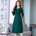 Long-sleeve Notch-neck Tasseled Midi A-line Dress