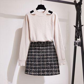 Cutout Sweater / A-line Tweed Skirt / Set
