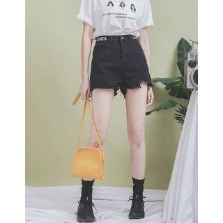 Letter-embroidered Asymmetric Denim Shorts