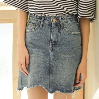Fray Asymmetric Mini Denim Skirt