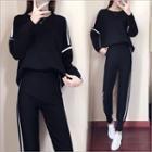 Set: Contrast-trim Sweater + Knit Jogger Pants Black - One Size
