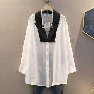Long-sleeve Notch Lapel Color Block Chiffon Shirt