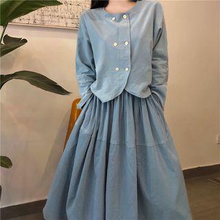 Long-sleeve Double Breast Plain Blazer / High-waist Pleated Skirt