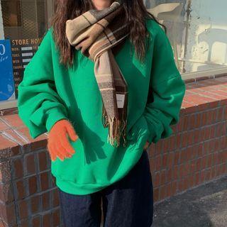 Plain Fleeced Loose-fit Sweatshirt Green - One Size