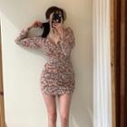 Long-sleeve V-neck Floral Slim Fit Dress