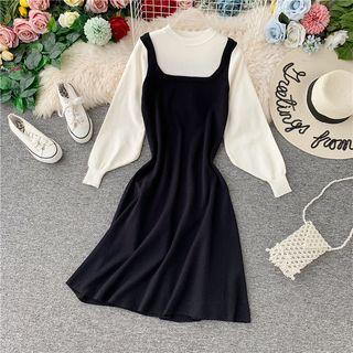 Long-sleeve Paneled Midi A-line Knit Dress