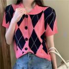 Short-sleeve Argyle Knit Top Pink - One Size