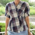 Wrap-front Plaid Peplum Blouse