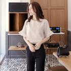 Round-neck Frilled Elbow-sleeve Chiffon Top
