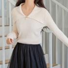 Long-sleeve Collared Knit Top As Shown In Figure - One Size