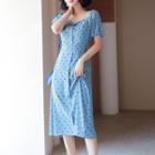 Short-sleeve Button Dotted Midi A-line Dress