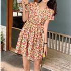 Flower Print Short-sleeve A-line Dress As Shown In Figure - One Size