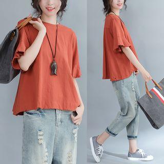 Ruffle Elbow-sleeve Slashed T-shirt