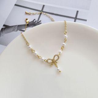 Bow Rhinestone Beaded Bracelet Gold - One Size