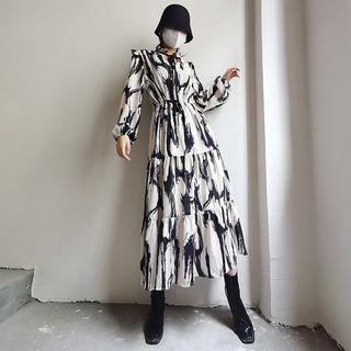 Balloon-sleeve Print Tiered Midi A-line Dress
