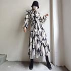 Balloon-sleeve Print Tiered Midi A-line Dress