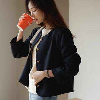 Round-neck Tweed Jacket Dark Navy Blue - One Size