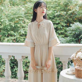 Elbow-sleeve Ruffle Trim Tie-neck Midi A-line Dress