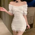Off-shoulder Lace Trim Drawstring Mini Sheath Dress