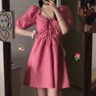 Balloon-sleeve Drawstring A-line Dress Cherry Pink - One Size