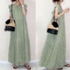 Sleeveless Ruffled Floral Print Maxi A-line Dress Green - One Size