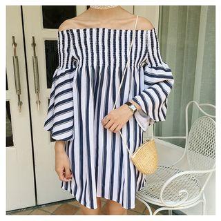 Pinstripe Off-shoulder Long-sleeve Dress