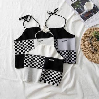 Plaid Panel Halter Cropped Camisole Top