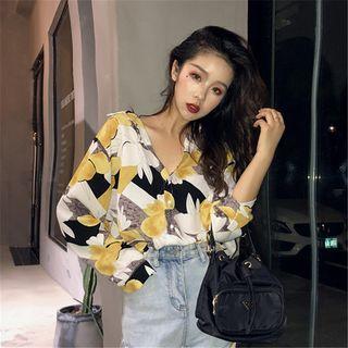Long-sleeve V-neck Printed Blouse