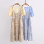 Set: Plain Short-sleeve Top + Floral Slipdress