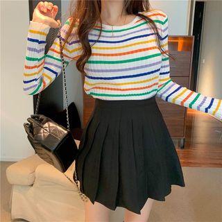 Long-sleeve Striped Knit Top / A-line Mini Pleated Skirt