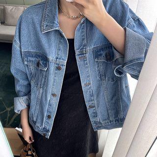 Long-sleeve Polo-collar Cropped Single-breasted Denim Jacket