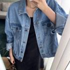 Long-sleeve Polo-collar Cropped Single-breasted Denim Jacket