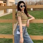 Short-sleeve Striped Crop Knit Top Stripes - Multicolor - One Size