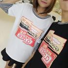 Couple Matching Mock Two Piece Striped Panel Printed Long Sleeve T-shirt