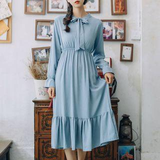 Tie Neck Long-sleeve Midi A-line Dress