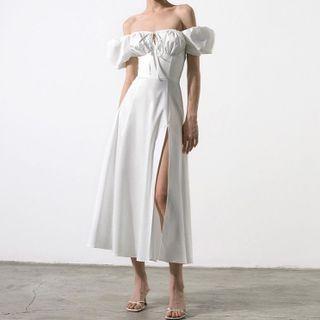 Puff-sleeve Off-shoulder Midi Dress