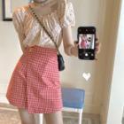 Floral Off-shoulder Short-sleeve Crop Top / Check High-waist Skirt