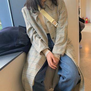 Long-sleeve Plaid Long Jacket Checked - One Size