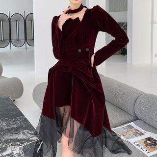 Long-sleeve Mesh Panel Asymmetrical A-line Dress