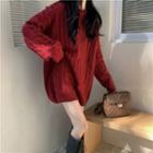 Round-neck Cable-knit Sweater Dress Red - One Size