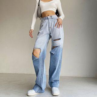 Gradient Distressed Wide-leg Jeans