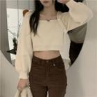 Puff-sleeve Square-neck Cropped Sweater Beige Almond - One Size