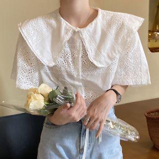 Short-sleeve Peter Pan Collar Crochet Blouse White - One Size