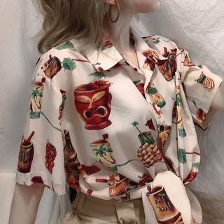 Elbow-sleeve Printed Shirt Almond - One Size