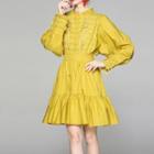 Long-sleeve Embroidered Mock-neck Tiered A-line Dress