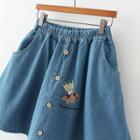 Embroidered Button Down A-line Denim Skirt