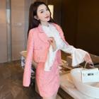 Long-sleeve Shirt / Double-breasted Cropped Blazer / Pencil Skirt / Set