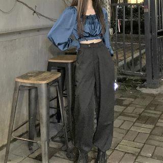 Puff-sleeve Square-neck Cropped Top Blue - One Size